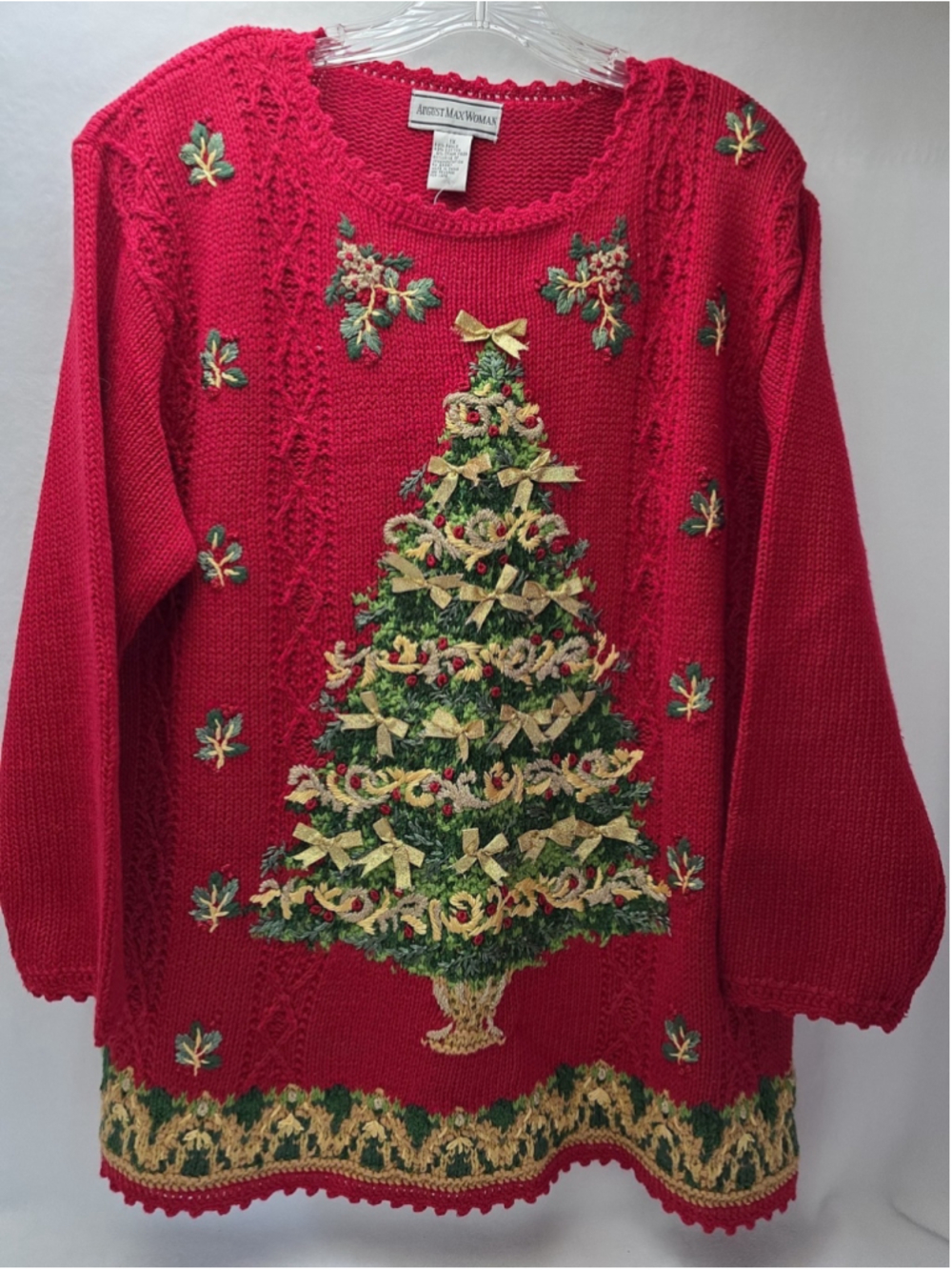 Vtg August Max Christmas Tree Sweater Grannycore Embroidered Knit Women 1X